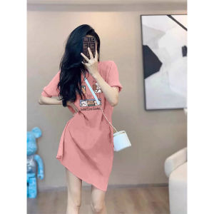 ชุดผู้หญิงไซส์ใหญ่ชุดเดรสแขนสั้นสีชมพูล้วนสไตล์ฝรั่งเศสเดรสตัวในทรงหลวมแฟชั่นลดอายุสไตล์เกาหลีใส่แล้วดูผอมเพรียวสำหรับสาวอวบ