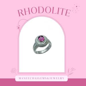 [พร้อมส่ง] แหวนเงินแท้ 92.5% แหวนฝังพลอยโกเมนสีชมพู ล้อมเพชร CZ