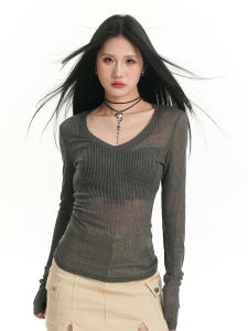 Áo Len Dệt Kim Dài Tay Màu Xám Cho Nữ Xuân Thu 2025 Mới Ôm Vừa Vặn Gợi Cảm Trong Suốt Cổ Chữ V Thường Ngày