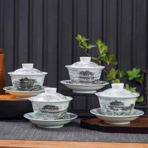 Jingdezhen Ceramic Tea Cup Set Traditional Chinese Style Four Great Buildings Three Talent Bowl Home Use Tea Brewing Tea Set