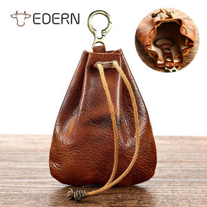 EDERN Ví đựng tiền xu bằng da thật Retro dành cho nam nữ Túi đựng tiền xu có dây rút mini Túi đựng chìa khóa bằng da bò Ví nhỏ Túi đựng tai nghe