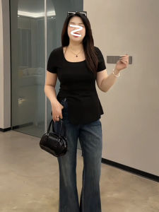 French Style Slit Square Collar Short Sleeve T-Shirt Women Summer plus Size Slimming Top Commute Style Regular Length