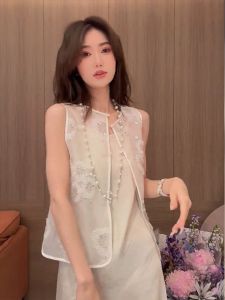 New Chinese Style White Vest Womens Thin Summer Elegance National Trend Shoulder Pad Vest Top Seasonal Fashion Polyester Fiber
