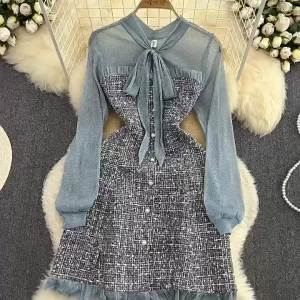 ♠Elegant Lady Small Fragrant Wind Temperament Floating Led Splicing Repair Body A Word Ruffle T Dress Autumn NewD1105