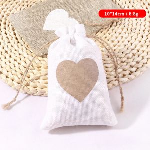 10x14cm Natural Burlap Drawstring Bags Heart Printed Cotton Drawstring Xmas Home Party Craft Gift Festive Supplies 10Pcs/Lot