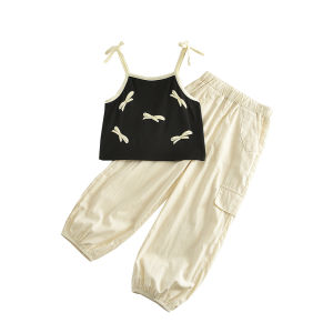 Bear Leader Baby Girl Summer Fashion Suit Bow Strap Vest Top+Work Pants Two Piece Set for 4 To 7 Years Children Daily Wear