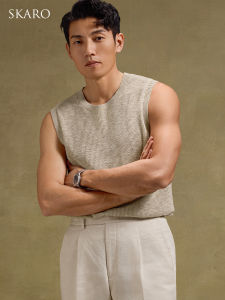 Cotton and Linen Blend Retro Sleeveless T-Shirt Round Neck