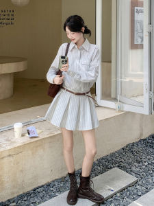 Preppy Plaid Splice Anti-Aging Shirt Dress Womens Autumn New Style Miniature Pleated Shirt Dress Loose Fit Long Sleeve Casual