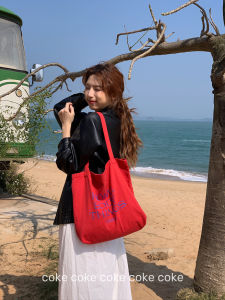 Korean Style Large Capacity Canvas Bag with Red Lettering Single Shoulder Bag for Students And Women Ideal for Classes And Casual Use