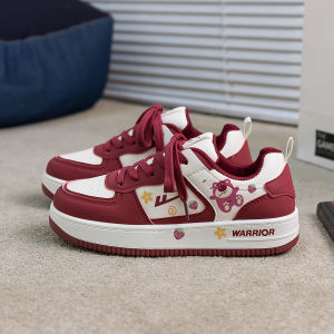 Red Wine Color Shoes Casual Board Shoes for Women Strawberry Bear All-Match Spring Autumn 2025 New Style Low Heel round Toe