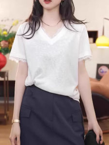 Lace Splicing V-Neck Slim Fit Loose T-Shirt Top