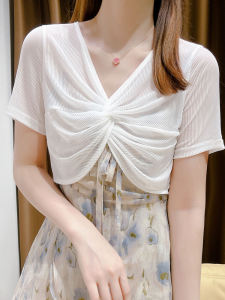 เสื้อคลุมกันแดดแขนสั้นผ้าตาข่ายแบบสวมหัวสำหรับผู้หญิงในช่วงฤดูร้อน ทรงหลวม แขนสั้น ผ้าไนลอน ลายลูกไม้ แขนกุด เสื้อคลุมกันหนาว