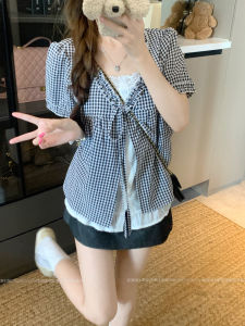 plus Size Womens Plaid Short Sleeve Shirt Loose Design Korean Style V-Neck Bubble Sleeve Regular Length Summer Top