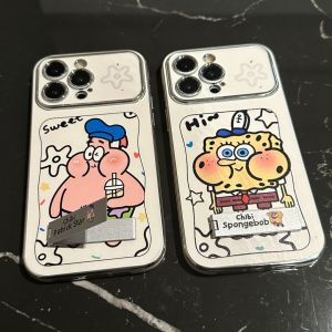 Mrhaha vỏ cho Samsung a20s A15 A05 a03s A14 a04e A12 a05s A11 A32 A04 a10s A54 A50 A24 A52 A2 4G 5G hoạt hình dễ thương SpongeBob Squarepants với khung mạ điện cửa sổ lớn điện thoại ống kính trường hợp ống kính bảo vệ Silicone chống sốc lưng mềm Bìa