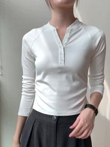 GEBEISHANG | Half-Open Collar Long Sleeve Slim Fit T-shirt