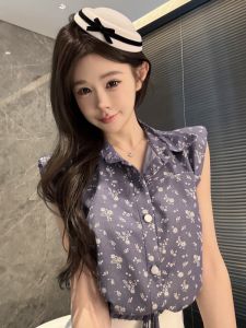 GUZILIAN | Unique Floral Print Polo Neck Sleeveless Shirt Women Summer Beautiful French Vintage Style Loose Fit Short Length Button Up