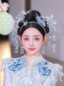 Blue Dragon And Phoenix New Bride Headwear Traditional Chinese Style Alloy Hairpin Elegant Vintage Court Fashion Accessories