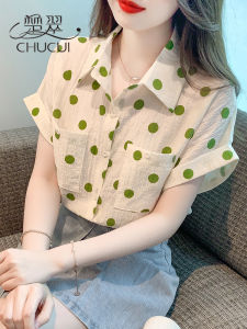 French Elegant Short Sleeve Polka Dot Chiffon Shirt Womens Summer Fashionable Ageless Blouse Korean Style Loose Fit Button Detail