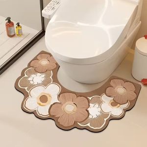 VIKAMA Wave Lace Flower U-Shaped Floor Mat Vintage Floral Print Water-Absorbent Rug Non-Slip Bathroom Toilet Mat Decor