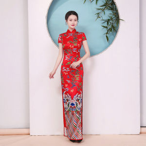 23 New Arrival TikTok Same Modified Version Long Syage Show Cheongsam Retro Elegant Chinese Style Bride Red Flag