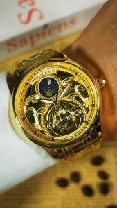 AOKULASIC | AOKULASIC Gold Retro Automatic Watch for Men Moon Phase Tourbillon Skeleton Luminous Hands Luxury Mechanical Watches Steel Strap