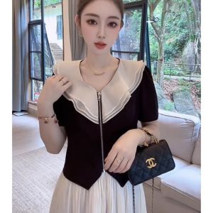 French High-End Color Block Doll Collar Short Sleeve T-Shirt Womens Summer New Asymmetrical Zipper Slimming Top