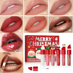 ลิปกลอสเนื้อแมทกำมะหยี่ 6 ชิ้น สีมุกประกายมุก ชุ่มชื้น ติดทนนาน ชุดลิปกลอสสำหรับเทศกาลคริสต์มาส สีแดง