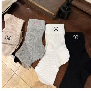 Lightweight Beautiful Butterfly Knot Socks Pink Ladies Summer Mid-Calf Socks Comfortable Soft Fabric Home Wear Short Socks