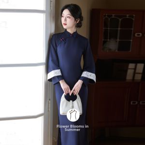 Retro Chinese-Style Blue Wide Sleeve Qipao Dress