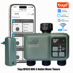 2025 Tuya Wifi+RF433 smart Garden Sprinkler Water Timer by 3 Way Rain Delay Filter Programmable Automatic Irrigation Controller