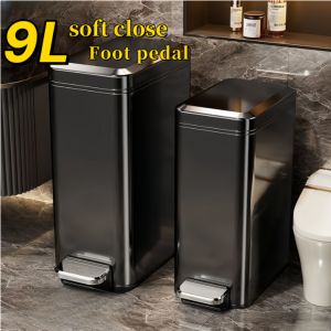 Slim Trash Can with Lid Soft Close Stainless Steel 7L/9L/13L Bathroom Garbage Can with Inner Bucket