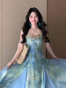 Beach Vacation Style Strapless Dress Slimming Print High Waist Summer Design Unique Long Gown Womens Fashion Soft Medium Stretch