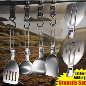 ช้อนด้ามจับยาวสแตนเลสอุปกรณ์ทำอาหารพับได้เครื่องครัวอุปกรณ์ทำอาหารบาร์บีคิวสำหรับปิคนิคตั้งค่าย