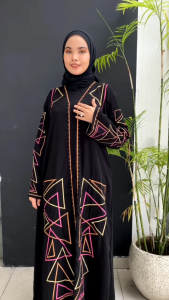 abaya gamis hitam bordir triangle colorful bahan jetblack Saudi adem nyaman
