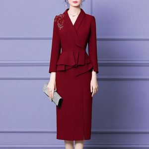 Elegant Young Wedding Guest Dress Autumn Fashion Long Sleeve V-Neck Embroidered Skirt Suit for Mother of the Bride Wedding Banquet