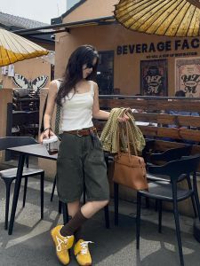 VKSOD | American Retro White Vest Top Women Summer 2025 New Khaki Workwear Five-Quarter Denim Shorts Two-Piece Set Round Neck Commute Style Casual Wear