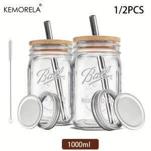 1/2PCS 1000ML Wide Mouth Mason Jars with Reusable M.E.M Bamboo Lids And Stainless Steel Straws for Smoothies Milk Shakes Coffee
