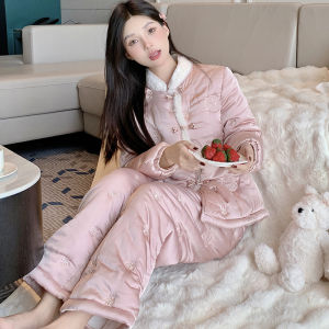 Womens Thickened Coral Fleece Pajamas Set with Embroidery Autumn Winter Home Clothes Long Sleeve Long Pants Outwear