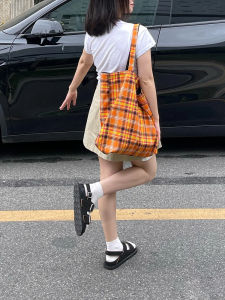 Niche Retro Orange Plaid Tote Bag Class Commuter Bag Large Capacity Student Canvas Bag Shoulder Underarm Bag