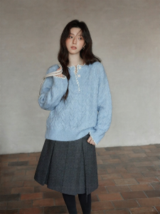 seemon | Áo Sweater Henley Xanh Dệt Kim Kiểu Hàn Quốc Vintage Phong Cách Petite Rộng Rãi