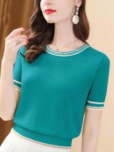Summer New Ice Silk T-Shirt Short Sleeve Womens Loose Slim round Neck Knitted Thin Top Fashionable Color Block Korean Style