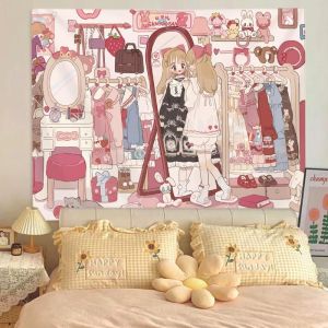 VIKAMA Girl Phim Hoạt Hình Minh Họa Tấm Thảm Thiết Kế Sweet Lolita Nền Màu Hồng Giống Như Vải Lanh Polyester Trang Trí Phòng Ký Túc Xá