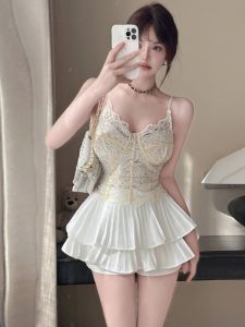 Elegant Lace Embroidered Tank Top And High Waist Skirt Set Beautiful Strap Vest Fashionable Outfit for Young Women