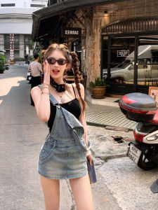 กางเกงยีนส์สายคล้องคอชุดผู้หญิงฤดูร้อนอเมริกัน Retro อายุลด Petite หวานเย็นเผ็ดอารมณ์ชุดกระชับสัดส่วนกางเกง