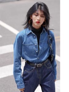 Blue Denim Long Sleeve Shirt Womens Layering Vintage French Design Spring Autumn Winter Top Button up Loose Fit Regular Length