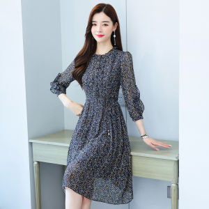 Floral Print Chiffon Dress Womens Spring Autumn High Waist Long Sleeve Midi Skirt Korean Style Commute Pure E-commerce Sale
