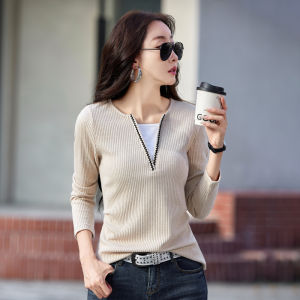 Fake Two-Piece Outerwear Autumn Clothes Womens Loose-Fitting plus Size V-neck Long Sleeves T-shirt Shoulder Bottoming Shirt Western Style Inner Wear Slim Looking Tops