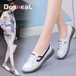 DOSREAL Giày Trắng Cho Nữ Giày Lười Đế Bằng Da Thật Phong Cách Hàn Quốc Cho Nữ Giày Lười Thời Trang Giày Thường Ngày Đế Mềm Màu Đen