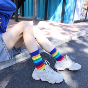 Cầu Vồng gradient Tất Dài cho Nữ Sọc Màu Kẹo Chiều Dài Trung Bình Phong Cách Thường Ngày Đầu Gối Cao Cấp Vải Cotton Định Hình Tất dành cho Các Cặp Đôi