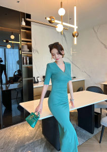 ZY·HT 2024 Summer New Dress Ladies European American Retro Solid Color V-Neck Slim Slit Irregular Body Dress 5847 eravogue